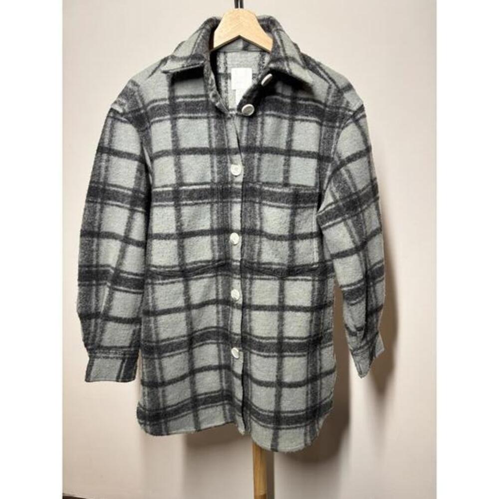 H&M Gray Plaid Button-Up Wool Blend Coat